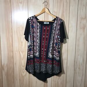 Cato Boho Retro Black Aztec Print Short Sleeve Flowy Tunic Blouse L